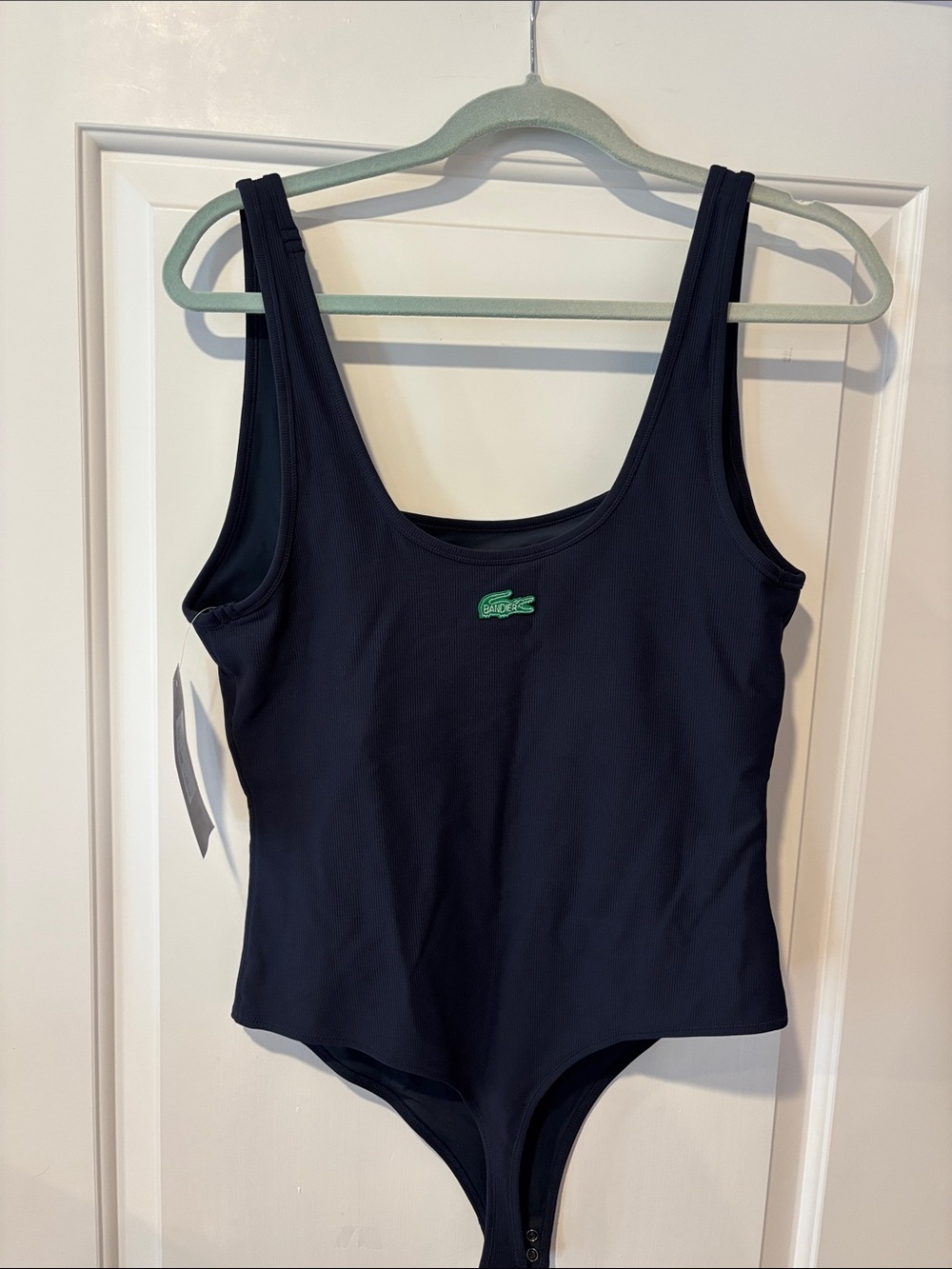 Lacoste x Bandier collab Blue Ribbed Bodysuit Green Crocodile Logo- brand new!
